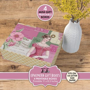 Utskrivbar minipresentask, förvaringsask för småbrott, vintageförpackning, rosa grön blommönster, digital nedladdning, hantverksmaterial för födelsedagar