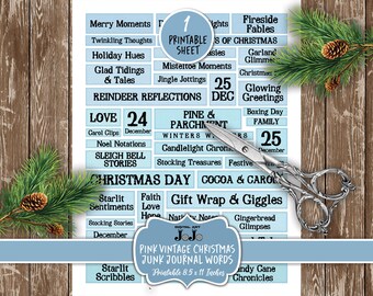 May include: Printable sheet of Christmas themed words and phrases in a blue and white color scheme. The sheet is 8.5 inches by 11 inches and includes words like "Fireside Fables", "Jingle Jottings", "Reindeer Reflections", "Love", "Sleigh Bell Stories", "Christmas Day", "Starlit Sentiments", "Gift Wrap & Giggles", "Gingerbread Glimpses", "Starlit Scribbles", and "Candy Cane Chronicles".