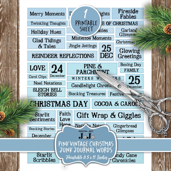 Blue Christmas Junk Journal Word Labels, Winter Scrapbook Printable Digital Quotes Set, Collage Xmas Phrase Kit, Ephemera Digi Words Bundle