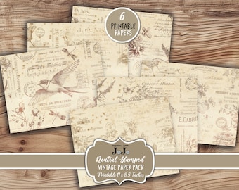 May include: Six printable vintage paper designs featuring neutral colors and a variety of botanical and floral motifs. The papers are 11 x 8.5 inches.