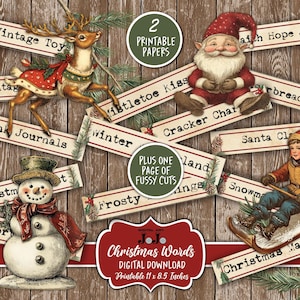 Etiquetas de palabras para diario basura navideño, conjunto imprimible de álbum de recortes vintage, citas digitales, kit de collage de frases navideñas, paquete de palabras digitales efímeras