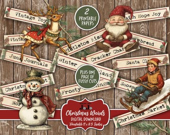 Christmas Junk Journal Word Labels, Vintage Scrapbook Printable Set, Digital Quotes, Collage Xmas Phrase Kit, Ephemera Digi Words Bundle