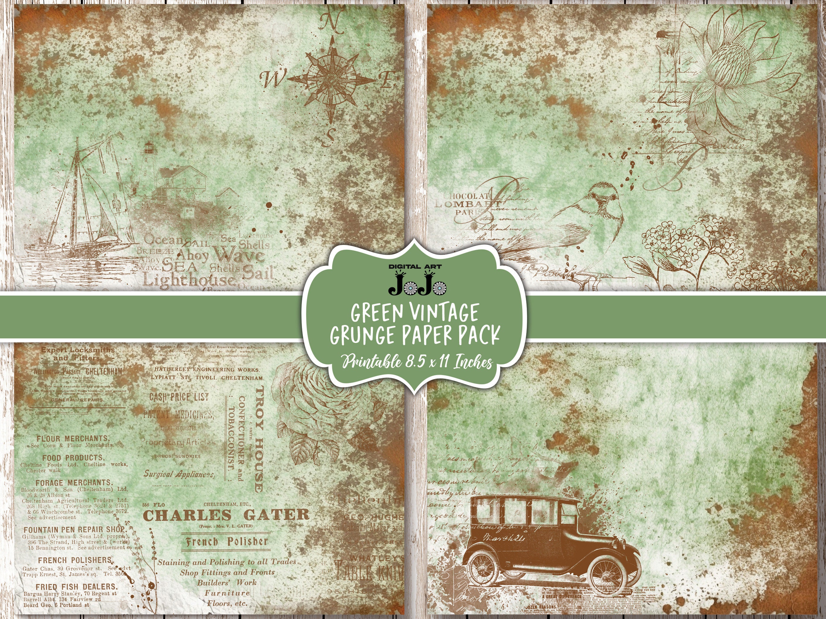 Green Grunge Junk Journal Papers, Vintage Printable Pages Pack, Digital ...