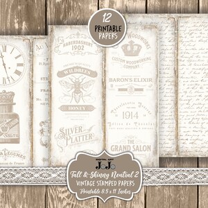 Printable Tall and Skinny Junk Journal Pages Kit, Neutral Stamped ...