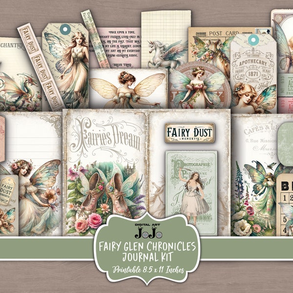 Fairy Junk Journal Printable Kit, Pastel Scrapbook Paper Set, Vintage Ephemera Pages, Fairytale Mixed Media Craft Theme,  DIY Tags Envelope