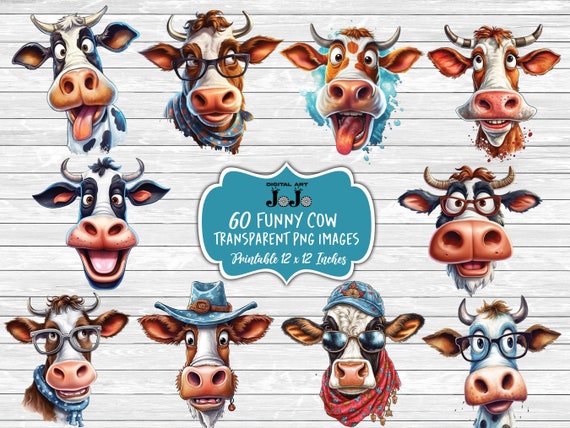 Funny Cows - 40 Printable Stickers - 8 Sticker Sheets - PNG