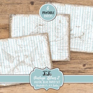 Kit de papiers pour journal indésirable Blue Birds, ensemble de pages de scrapbooking floral bleu crème, paquet de feuilles de collage beige victorien, éphémères imprimables, téléchargement