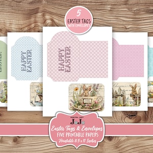 Étiquettes de Pâques imprimables avec enveloppes, cartes en papier de scrapbooking lapin vintage, embellissements de collage, téléchargement numérique, pack de créations éphémères