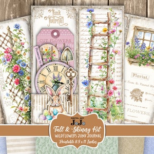 Imprimíveis de diário alto e magro, papel digital de flores silvestres, kit floral para scrapbooking, download digital, páginas botânicas de colagem fina