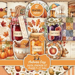 Pode incluir: Um conjunto de efémeras digitais com tema de outono. A imagem apresenta ilustrações de abóboras, folhas e frascos de conservas. O conjunto inclui papéis imprimíveis, com o texto "Autumn Cozy" e "Printable 11 x 8.5 Inches".