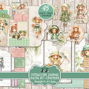 Kit de diario basura de Cottage Girls, suministros de álbum de recortes Cottagecore, efímera imprimible, descarga digital, papeles, folio, bolsillos, sobre, página