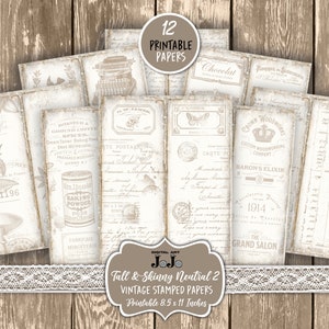 Puede incluir: Doce papeles imprimibles vintage con un aspecto desgastado y envejecido. Los papeles presentan varios diseños, incluyendo motivos florales, texto y una lata de levadura en polvo. Los papeles miden 8,5 x 11 pulgadas.