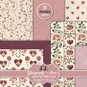 Carta stampabile per San Valentino, Junk Journal Digitals, Set di pagine per album di ritagli di rose, Fogli di collage rosa bordeaux, Lavoretti con fiori d'amore, Cuore romantico