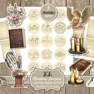May include: Printable Christian journal scripture prayer stickers. The stickers feature a variety of religious themes, including crosses, angels, hands in prayer, candles, and bible verses. The stickers are designed to be used in a journal or planner.