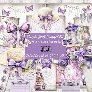 Kit de diario basura imprimible, kit de álbum de recortes de flores de lavanda, conjunto de efímeras florales lilas, papeles digitales boho, páginas victorianas vintage en mal estado