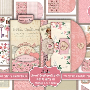 Imprimibles en folio de diario basura del día de San Valentín, billetera digital de San Valentín de álbum de recortes, kit de artesanía simple, efímera romántica, bolsillo rosa de amor rosa