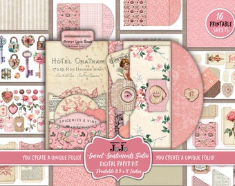 May include: A digital paper kit with 16 printable sheets featuring a vintage Parisian theme. The kit includes images of keys, locks, hearts, flowers, and a hotel sign. The text "Sweet Sentiments Folio" is printed on the front of the kit.