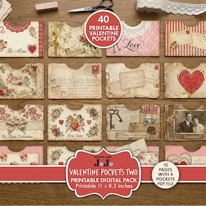 May include: A collection of 40 printable Valentine pockets with vintage designs. The pockets feature floral patterns, hearts, cherubs, and text like "Be Mine" and "True Love." The pack includes 10 pages with 4 pockets per page, measuring 11 x 8.5 inches.