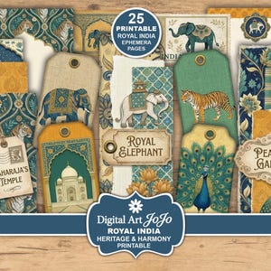 Puede incluir: Una colección de 25 páginas de efímeros imprimibles con temas de la India real. Los diseños incluyen elefantes, tigres, pavos reales y motivos arquitectónicos en azul, oro y verde. El texto incluye Maharaja's Temple, Royal Elephant y Peacock Garden.