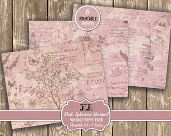 May include: A set of six printable digital papers featuring a pink and white vintage aesthetic. The papers include floral designs, handwritten text, and stamps. The papers are 8.5 x 11 inches.