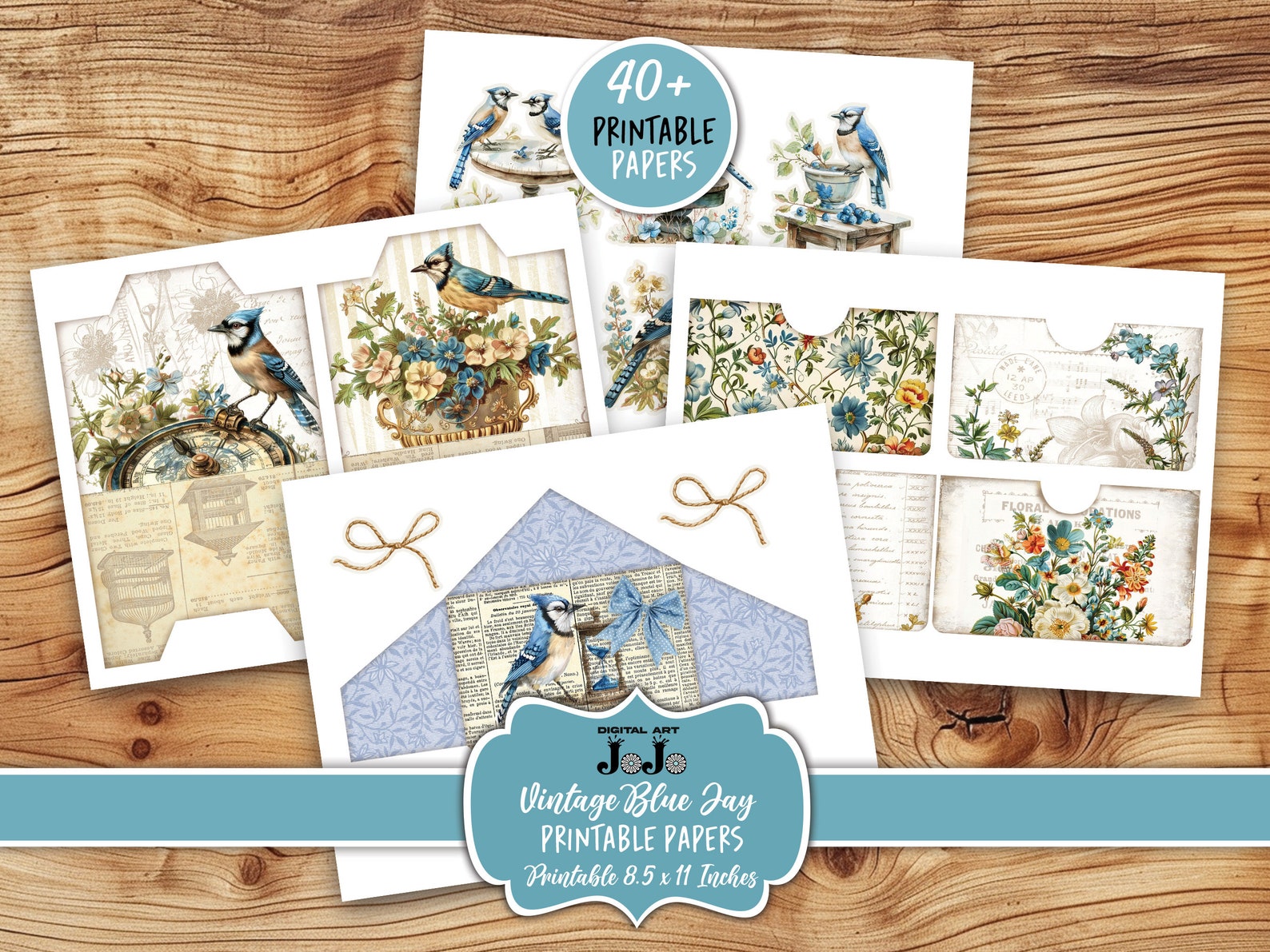 Birds Junk Journal Kit, Digital Nature Papers, Blue Jay Pages, Vintage ...