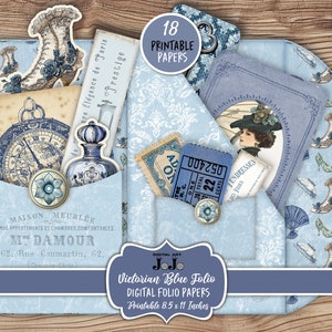 Imprimibles en folio de diario basura victoriano, billetera digital azul de álbum de recortes, kit de artesanía simple vintage, titular de vale de regalo, efímera Shabby Chic
