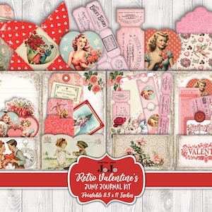 Valentine Junk Journal Kit Printable, Love Heart Scrapbook Papers, Collage Pages, Romance Retro Crafts, Valentine's Day Digital Download Set