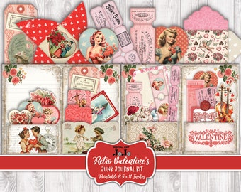 May include: A printable junk journal kit with a Valentine's Day theme. The kit includes a variety of vintage-style images, including hearts, flowers, and couples. The kit is designed to be used for scrapbooking, card making, and other paper crafts. The kit is 8.5 x 11 inches.