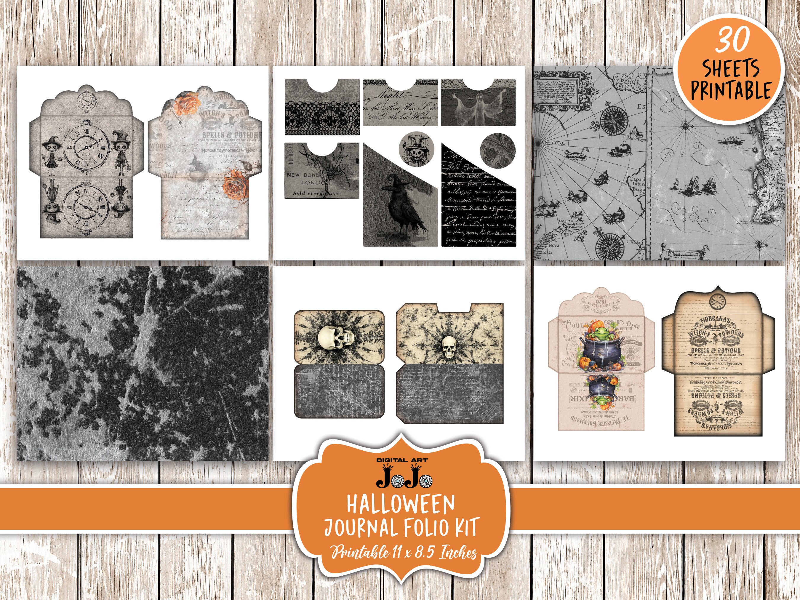 Digital Junk Journal Folio, Halloween Printable Kit, Spooky Vintage ...