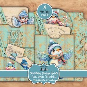 Folio imprimible con pájaros divertidos de Navidad, kit de efímeras para diario basura, billetera para álbumes de recortes, portatarjetas de regalo hecho a mano, juego de carpetas de descarga digital