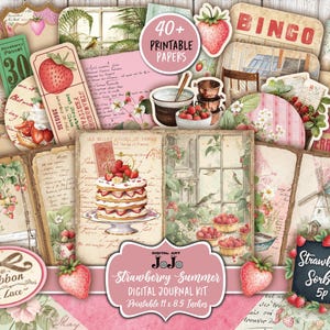 Junk Journal, Erdbeer Sommer Vintage Scrapbook Kit, printable digitaler Download, Collage Seiten, Ephemera Tags Taschen, rosa grün Papiere