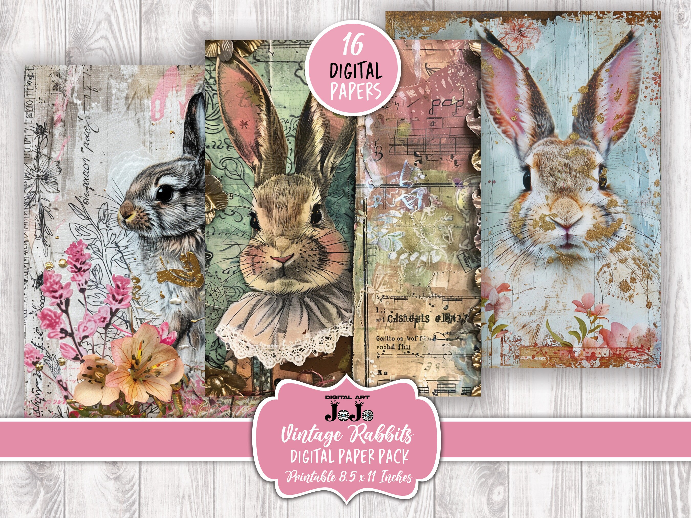 Printable Rabbit Junk Journal Papers, Vintage Spring Scrapbook Pages ...