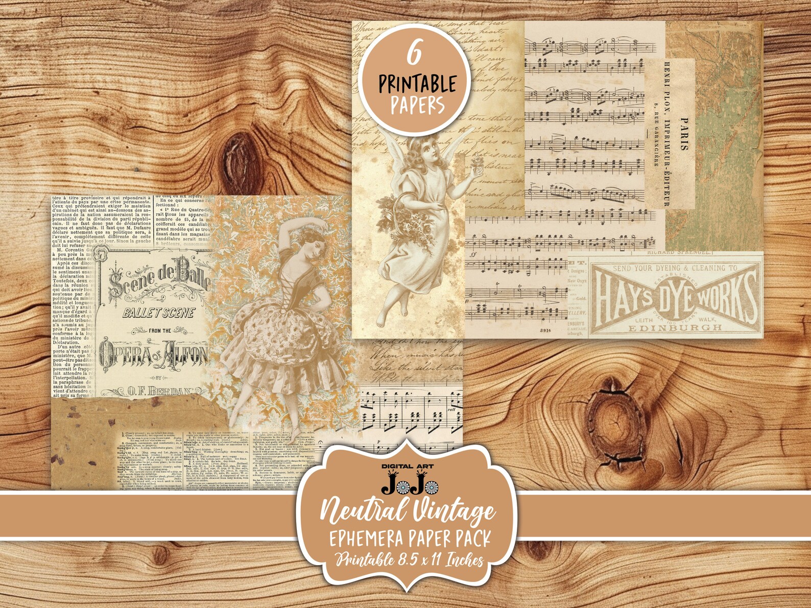Neutral Junk Journal Papers Kit, Ephemera Script Scrapbook Pages Set ...