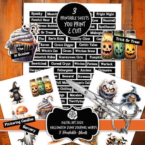 Halloween Junk Journal Word Labels, Scrapbook Printable Digital Quotes, Collage Spooky Phrase Kit, Ephemera Digi Words Bundle, Stickers