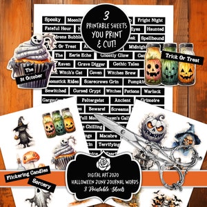Op de afbeelding: Drie printbare vellen met Halloween-thema junk journal woorden. De vellen bevatten zwart-wit illustraties van griezelige figuren, potten en cupcakes. De tekst op de vellen bevat woorden als "Spooky", "Fateful Hour", "Trick or Treat", "Witches Brew", "Bewitched", "Cursed Crypt", "Ancient", "Macabre", "Terrifying", "Flickering Candles" en "Sorcery".