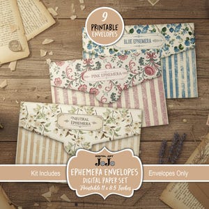 May include: A collection of three decorative envelopes with floral and striped patterns. The envelopes are labeled "Blue Ephemera", "Pink Ephemera", and "Neutral Ephemera". The image also includes vintage keys and paper scraps. The text "Ephemera Envelopes Digital Paper Set Printable 11 x 8.5 Inches" is visible.