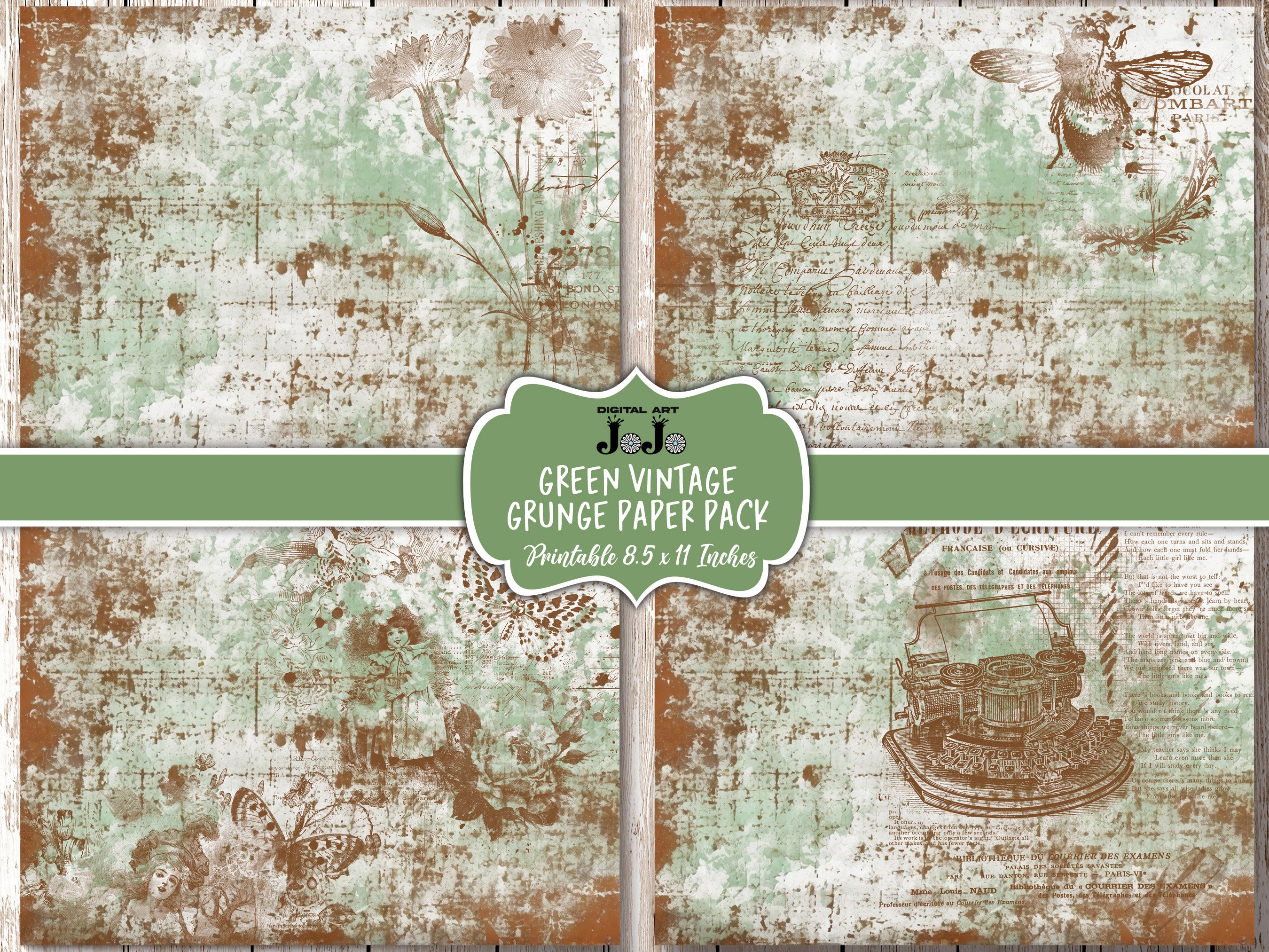 Green Grunge Junk Journal Papers, Vintage Printable Pages Pack, Digital ...