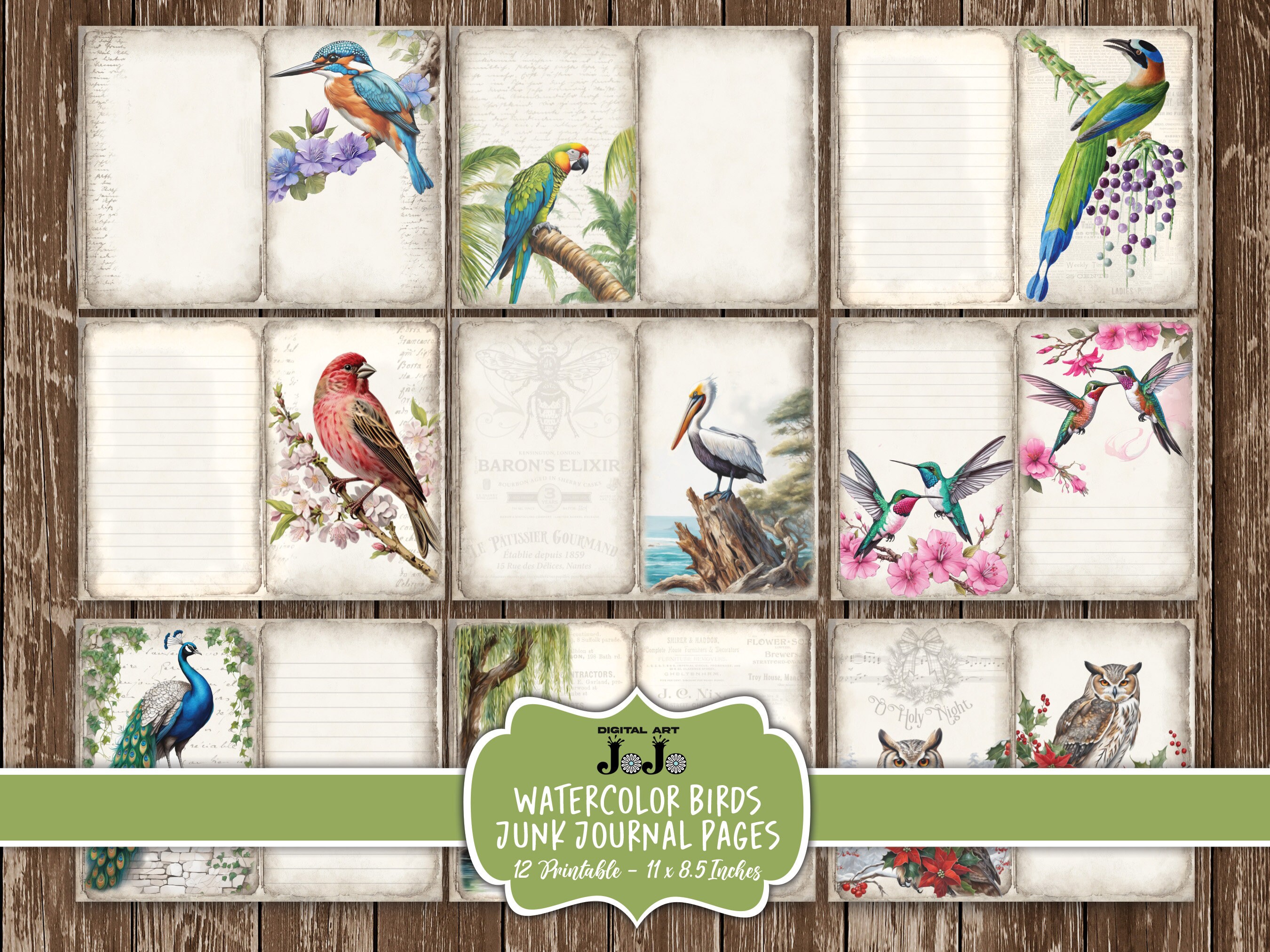 Birds Junk Journal Papers Pack, Printable Scrapbook Pages Set, Vintage ...