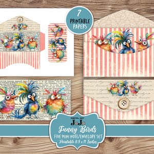 Funny Birds Notelets Cards Envelopes, Vintage Junk Journal Ephemera Kit, Whimsical Scrapbook Embellishments, Quirky Handmade Digital Crafts