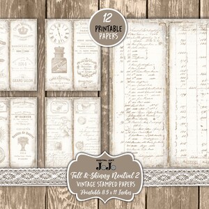 Printable Tall and Skinny Junk Journal Pages Kit, Neutral Stamped ...