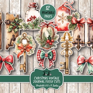 Christmas Junk Journal Ephemera, Keys Hinges Buttons Padlocks, Xmas Scrapbook Embellishments, Printable Vintage Fussy Cuts, Collage Sheets