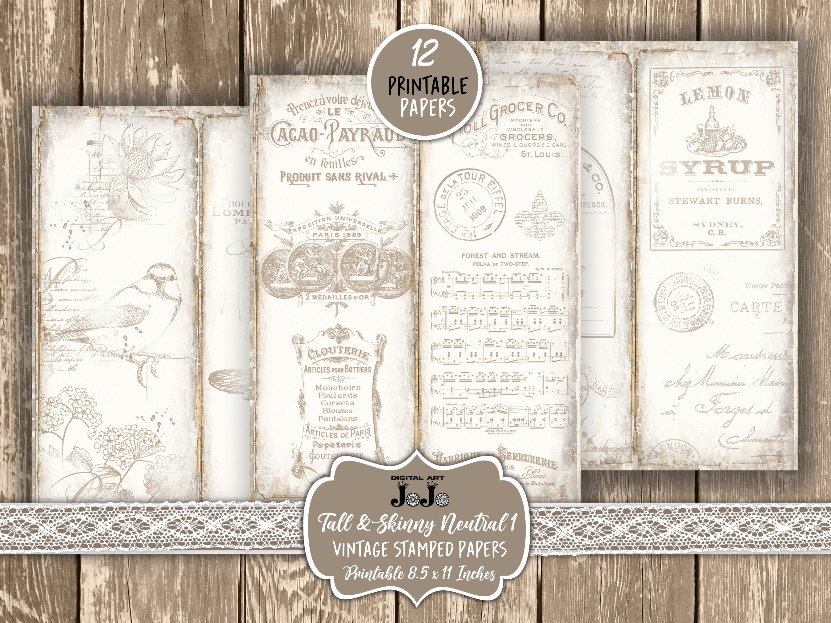 Printable Tall and Skinny Junk Journal Pages Kit, Neutral Stamped ...