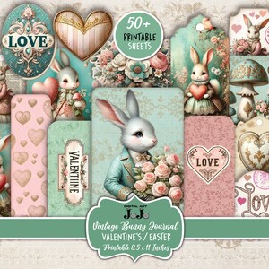 Junk Journal Kit, Printable Valentine's Day, Easter Bunny Love, Hearts Scrapbook Paper, Vintage Rabbit Digital Pages, Mixed Media Download