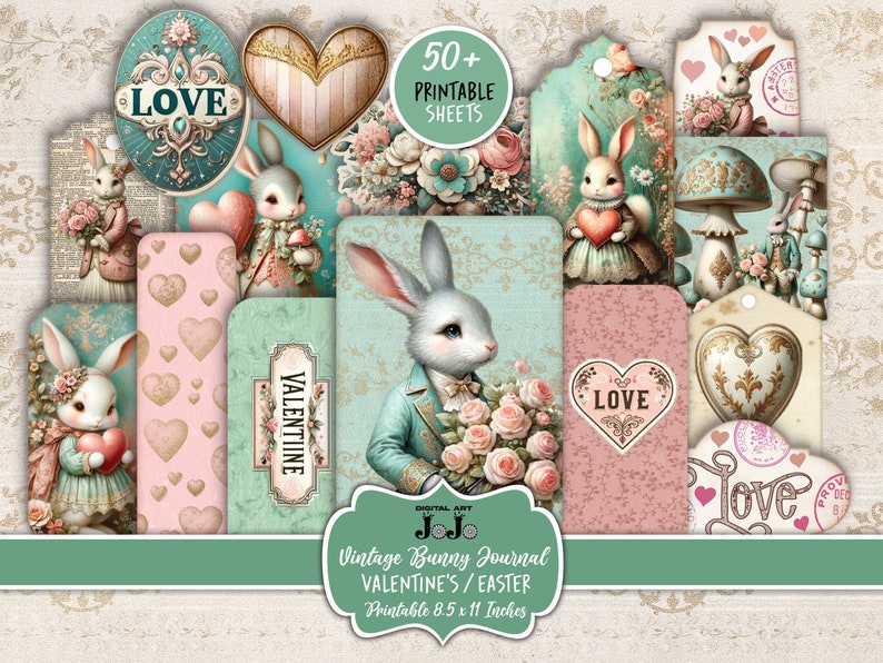 Junk Journal Kit, Printable Valentine's Day, Easter Bunny Love, Hearts Scrapbook Paper, Vintage Rabbit Digital Pages, Mixed Media Download