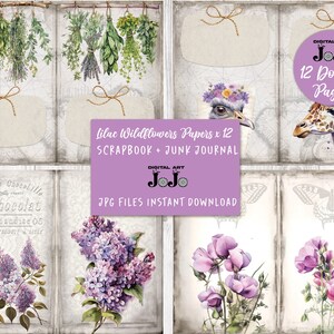 Lilac Wildflowers Junk Journal Printable Papers, Vintage Lilac Floral Collage Sheets, Flowers Scrapbooking Pages, Digital Download, Purple