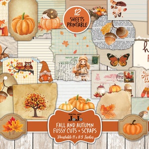 Könnte beinhalten: Ein Set mit 12 druckbaren digitalen Papieren und filigranen Ausschnitten zum Thema Herbst. Die Papiere zeigen eine Vielzahl von herbstlichen Designs, darunter Kürbisse, Blätter, Eulen und Gnome. Der Text "hello fall" und "sweater weather" ist auf einigen der Papiere enthalten. Die Papiere sind 11 x 8,5 Zoll groß.