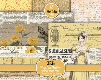 May include: A digital paper pack with 12 printable papers featuring vintage designs in yellow, brown, and white. The papers include floral patterns, handwritten text, and a vintage illustration of a woman in a yellow dress. The papers are printable at 11 x 8.5 inches.