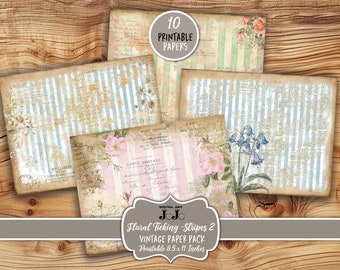 Shabby Ticking Stripes Papers, Printable Junk Journal Ephemera, Chic Digital Scrapbook Pages, Download Collage Sheets, DIY Handmade Crafts