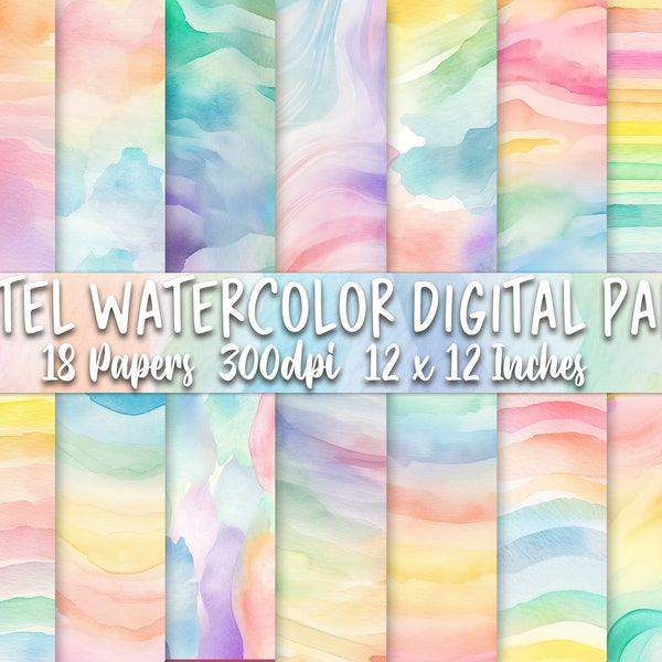 Pastel Watercolor Digital Paper Pack For Crafters, Scrapbook Pages, Junkjournal Supplies, Rainbow digital papers, Social Media Backgrounds,