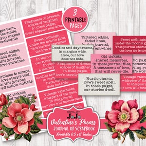 Palabras del diario basura del día de San Valentín, etiquetas de palabras imprimibles de amor, citas digitales de álbumes de recortes rosas, kit de poemas de collage rojo, conjunto de efímeras de citas